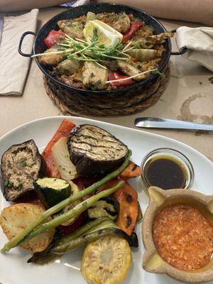 Heura paella + vegetables with romesco  at Vegetalia - Born in Barcelona