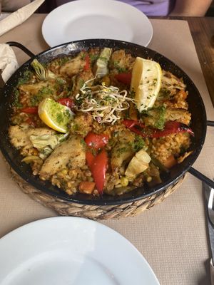 Paella with Heura and peppers. (Heura is a meat replacement)  at Vegetalia - Born in Barcelona