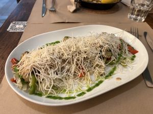 Heura with sautéed vegetables and peanut sauce   at Vegetalia - Born in Barcelona