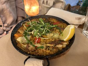 Vegan paella with vegan chicken (heura)  at Vegetalia - Born in Barcelona