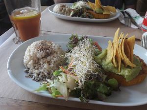 Burger with guac and nachos and rice and salad at Vegetalia - Born in Barcelona