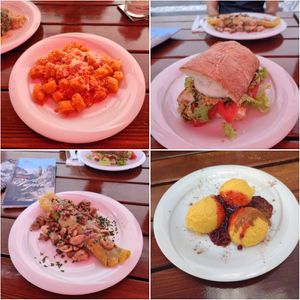 Gnocchi with soy ragout - Zucchini burger - Crepe filled with spinach and mushrooms - Polenta with jam and cinnamon at Rifugio Vajolet in Vigo Di Fassa