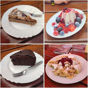 Linzer torte - Panna cotta with wild berries - Sacher torte  - Kaiserschmarren at Rifugio Vajolet in Vigo Di Fassa