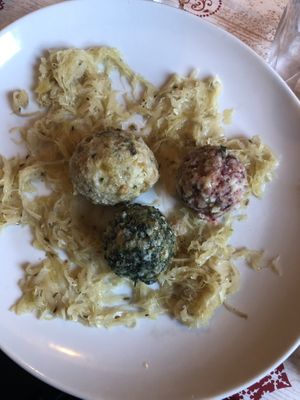 Three types of typical “canederli”. at Rifugio Vajolet in Vigo Di Fassa