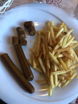 Tofu-Würstel with fries. at Rifugio Vajolet in Vigo Di Fassa