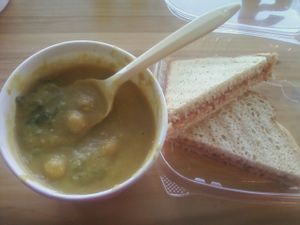 Chickpea Curry Soup and vegan grilled cheeze. The soup was delicious and I believe they offer a different soup every day. at Body & Soul Healthy Meal Plans in Fort Myers