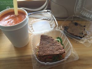 tomato soup with half veggie panini and bean brownie at Body & Soul Healthy Meal Plans in Fort Myers