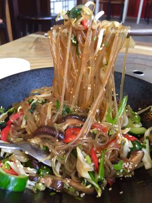 Japchae $10.9 is some awesome springy sweet potato noodles with shitake mushrooms, cabbage, beansprouts, capsicum, spinach, sesame seeds. Yumz! at The Boneless Kitchen - 无骨厨房 in Central Singapore