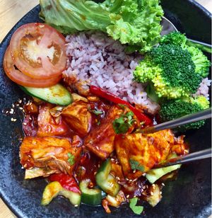 Mapa Dubu with chewy korean purple rice $10.90 is spicy soft tofu with vegetables and nuts at The Boneless Kitchen - 无骨厨房 in Central Singapore