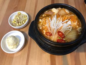 Korean Army Stew with side dishes at The Boneless Kitchen - 无骨厨房 in Central Singapore