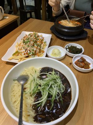 Jajangmyeon ($10.20), bulgogi fries ($9) and army stew with noodles! at The Boneless Kitchen - 无骨厨房 in Central Singapore