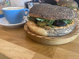Vegan bagel 3 and oatmilk cappuccino   at ÖST café in Besancon