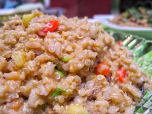Risotto 3 cereals with millet, barley, and quinoa was with coconut milk, vegetable cheese, squash and peppers at Casa Munay in Buenos Aires