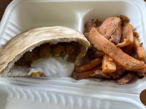 Moroccan pocket w/ sweet potato chips   at Oliver's Real Food in Gundagai