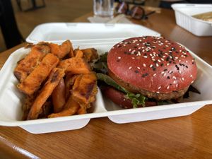 Vegan Oli burger w/ sweet potato fries  at Oliver's Real Food in Gundagai