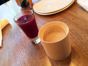 The Zend house drink with a chaser of cranberry juice. A alcohol free way to take the edge off the day. at Zend Conscious Lounge in Vancouver