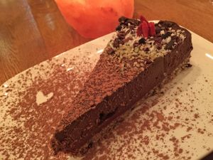 Triple Chocolate Torte 
Nut & cocoa nib crust, fudge, chocolate avocado mousse at Zend Conscious Lounge in Vancouver