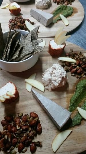 XL cheese and cracker boards for an event. All nut cheeses made in house. at Zend Conscious Lounge in Vancouver