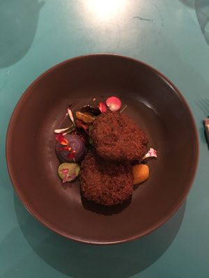 Aubergine meatballs with purple potato cream  at Cavoli Nostri in Naples