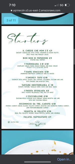 Starters menu  at Cavoli Nostri in Naples