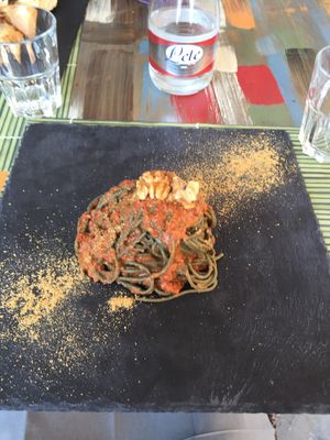 Seaweed spaghetti with tomato and walnut sauce  at Cavoli Nostri in Naples