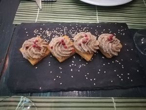 Crunchy polenta cubes with mushroom cream and red pepper at Cavoli Nostri in Naples