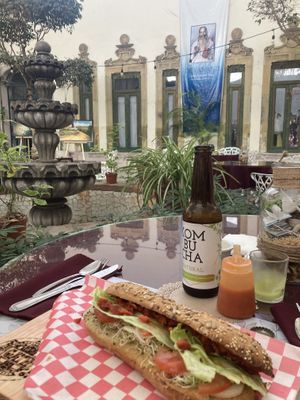 Baguette deliciosa de chorizo de soya y para tomar kombucha  at Devanand in Aguascalientes