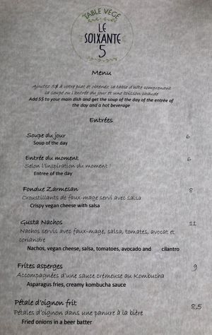Menu dinner page 1 at Le Soixante 5 in Levis