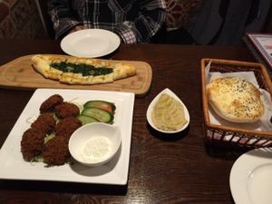 Falafel, spinach pizza, hummus and Turkish bread at Truva Turkish Restaurant in Yokohama