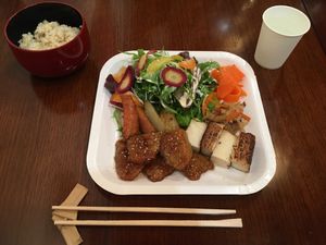 Lunch menu “special set.” The day’s chef special (teriyaki soy meat), tofu, kinpira, roast veggies, organic salad, and brown rice. at Los Angeles in Kanazawa in Kanazawa