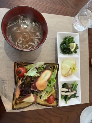 Appetizer (lemony kale, apple and romaine, sautéed greens and mushroom),  miso soup and salad, served with house salad.   at Los Angeles in Kanazawa in Kanazawa