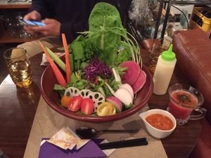 MY RAW VEGAN SALAD!! W/ house dressing, raw tomato soup, and vegan mayonnaise :) super fresh, local, and organic  at Los Angeles in Kanazawa in Kanazawa