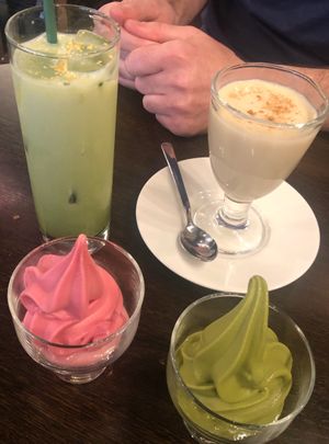 Beet & Matcha Ice cream + Matcha latte & Rice drink with cinnamon  at Los Angeles in Kanazawa in Kanazawa