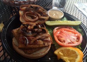 Tempeh burger & sweet potato fries at Sammy T's in Fredericksburg
