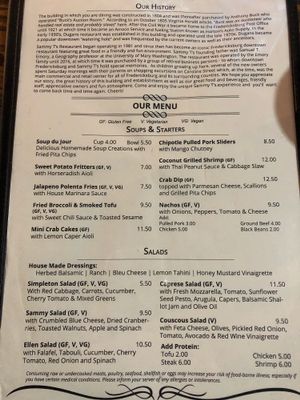 Menu as of 11/19/18 at Sammy T's in Fredericksburg