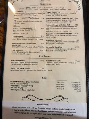 Latest menu as of 11/19/18 at Sammy T's in Fredericksburg