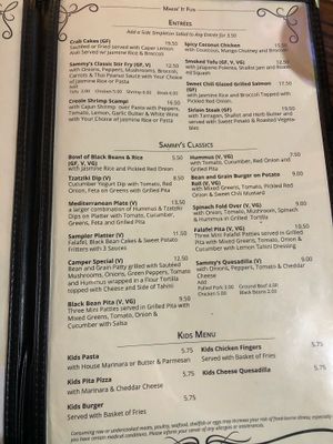 Latest menu as of 11/19/18 at Sammy T's in Fredericksburg