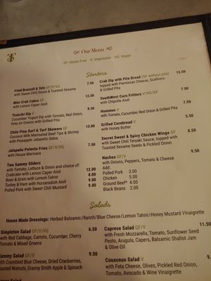 Appetizer menu at Sammy T's in Fredericksburg