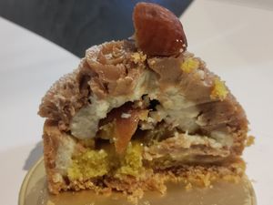 Excellent flavors: chestnut cream on the outside, passion fruit on the inside. All on top a biscuit base at Green Bakery in Taipei