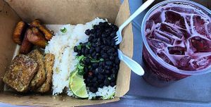 Vegetarian plato (black beans, white rice, grilled tofu, and fried plantains) and Hibiscus Lime Soda Fresca  at Bodega in St Petersburg