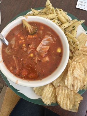 Delicious soup!   I suspected the pasta salad had some kind of chz bits so I didn’t eat it..  at Veronica's Coffee House in Kenai