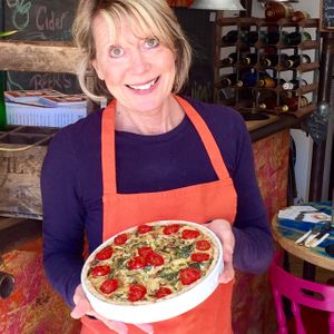 Chef Diana, with fresh Vegan Gluten Free Quiche - Yum at Cafe Sketch in Cheddar