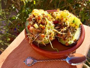 avocado surprise ;) Fresh Avocado with Sprouted salad and Seeds, lime and agave.. yum! only st CAFE Sketch ;)x  at Cafe Sketch in Cheddar