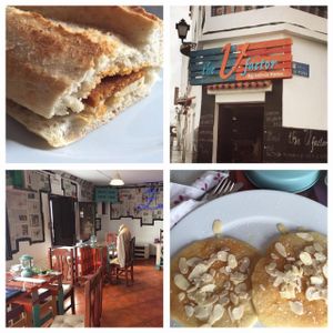 Breakfast! Sugar cane molasses pancakes with almonds and chorizo/cheese bocadillo.  at The V Factor in Lanzarote