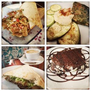 Yesterday's lunch special menu & more! Tortilla, ceviche, seitan sandwich, chocolate cake, and a soy latte = happy vegan family.  at The V Factor in Lanzarote