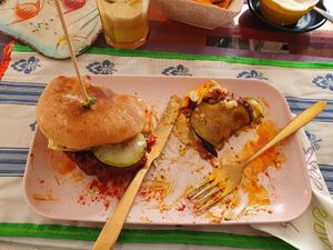 Sorry, took photo after half eaten. Good burger at The V Factor in Lanzarote