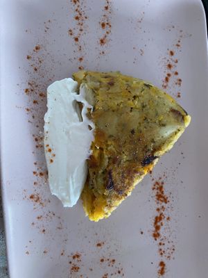 'Bite' of omelette, gluten-free, made from potatoes, spectacular !  at The V Factor in Lanzarote