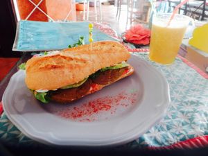 Bocadillo with seitan and vegetables + fresh fruit juice  3 at The V Factor in Lanzarote
