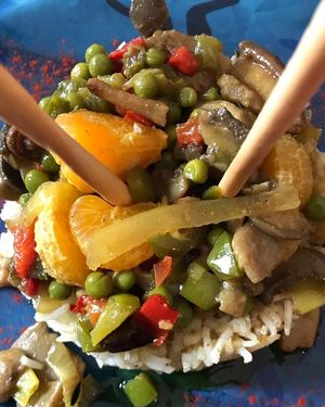 Rice timbale with greenpeas, mushrooms, vegetables and tangerine at The V Factor in Lanzarote