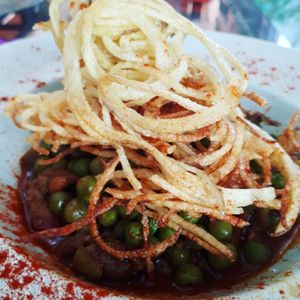 Green peas stew with a chrispy potato "nest" at The V Factor in Lanzarote